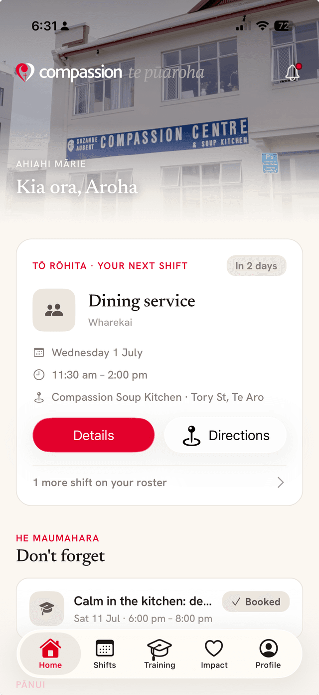 Compassion volunteer app home screen: 'Kia ora, Aroha', the next rostered shift with details and directions, and booked training