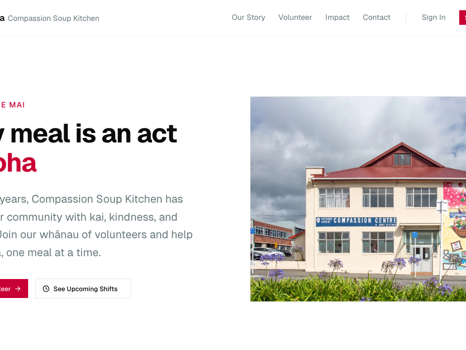 Compassion Soup Kitchen volunteer site, 'Every meal is an act of aroha'