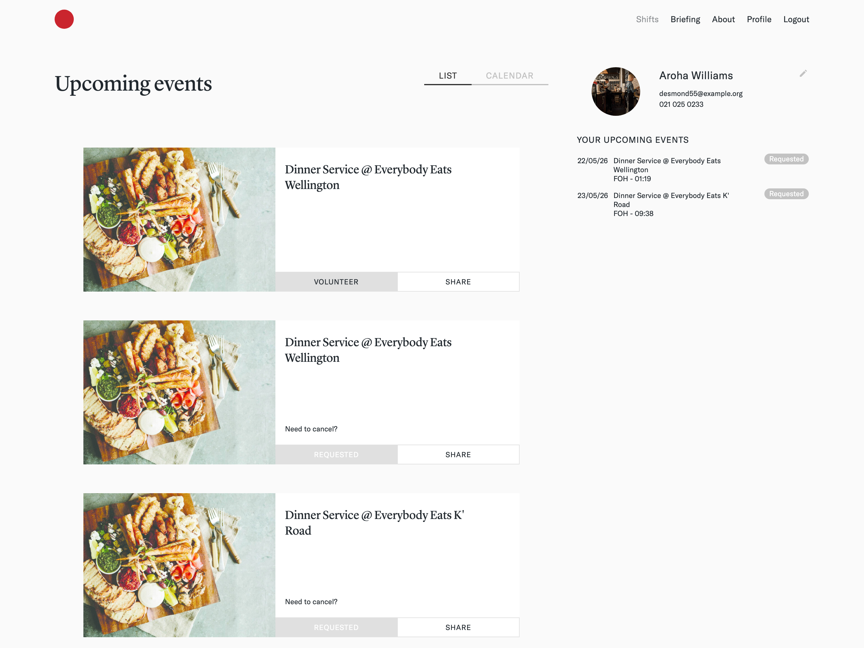 The volunteer site Everybody Eats had before the rebuild — a plain events list with little of their own identity