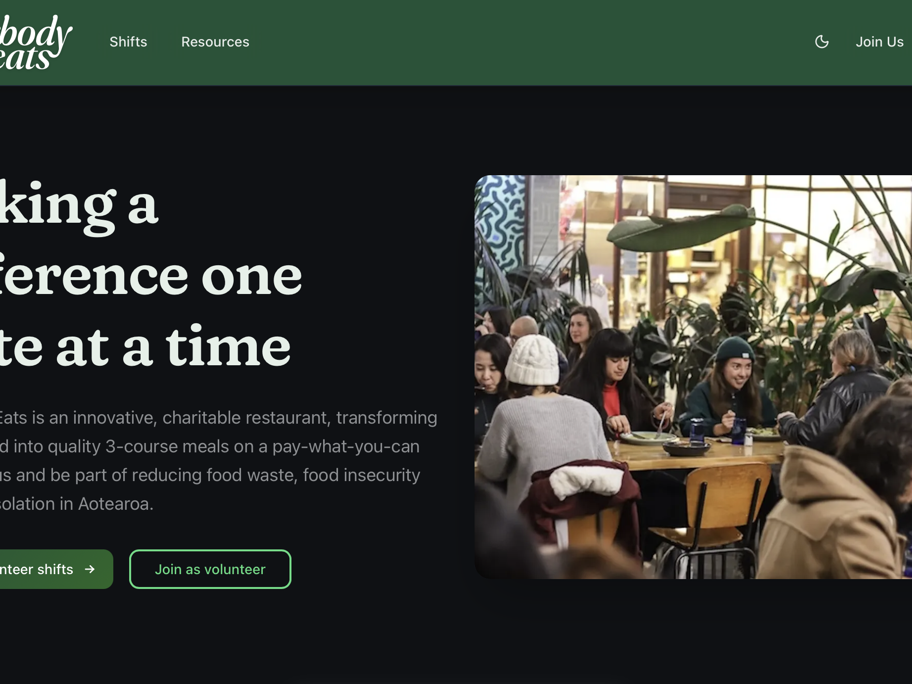 Everybody Eats homepage — 'Making a difference one plate at a time'