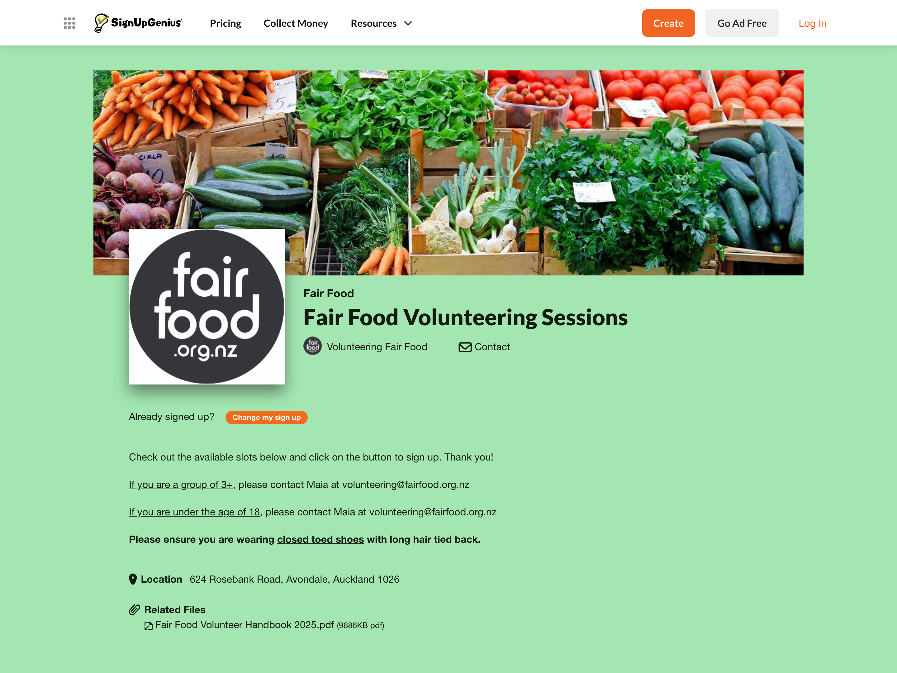 Fair Food's volunteer signup running on SignUpGenius — a generic third-party form on a stock template, wrapped in ads and upsells